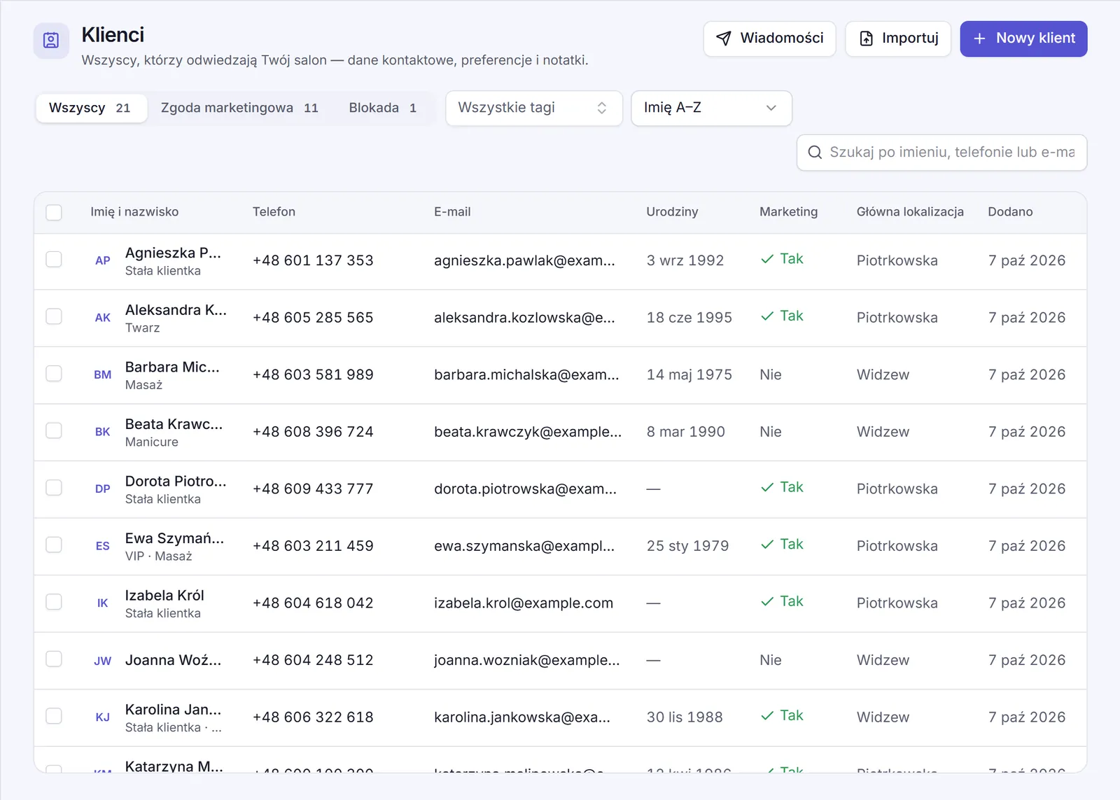 The client list in SpaDesk with phone numbers, marketing consent and locations