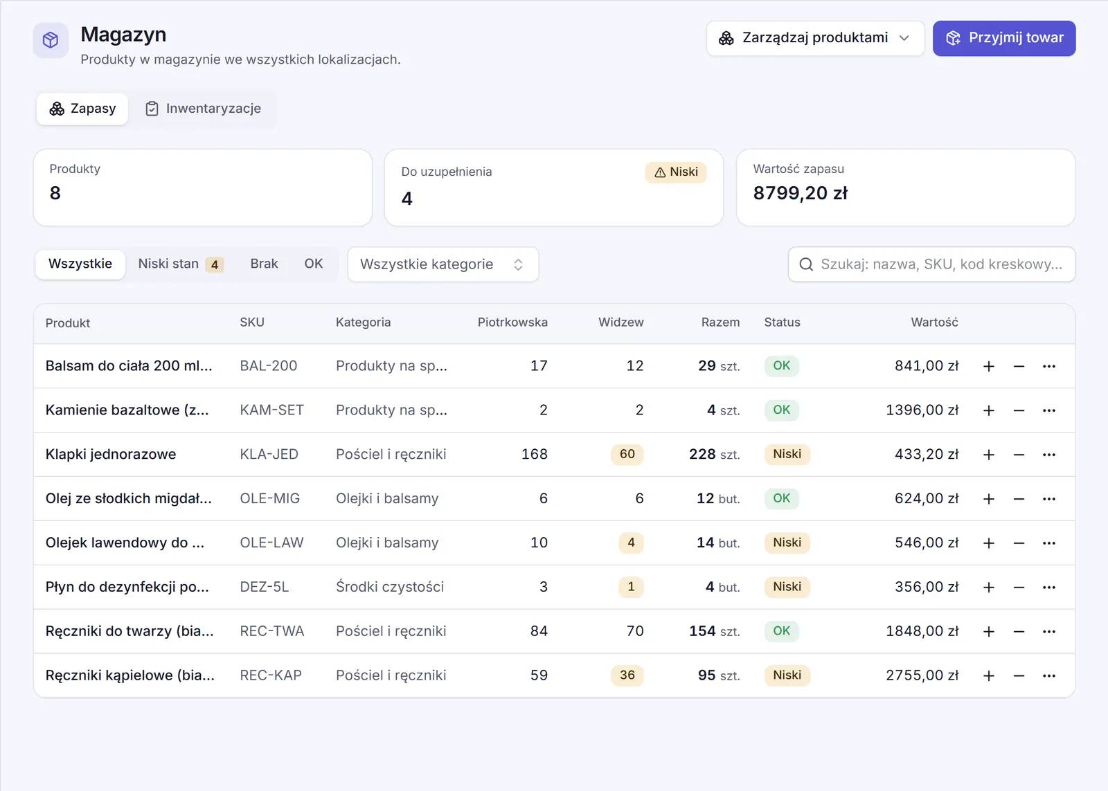 Stock in SpaDesk: products, levels per location and low-stock warnings