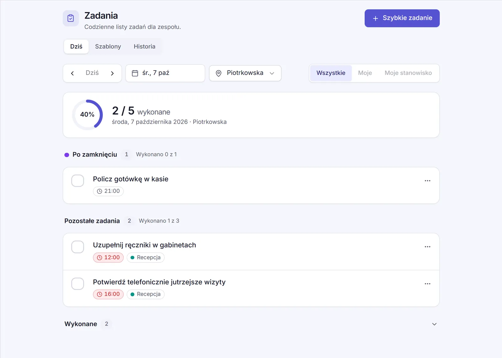 Today's front-desk tasks in SpaDesk with progress